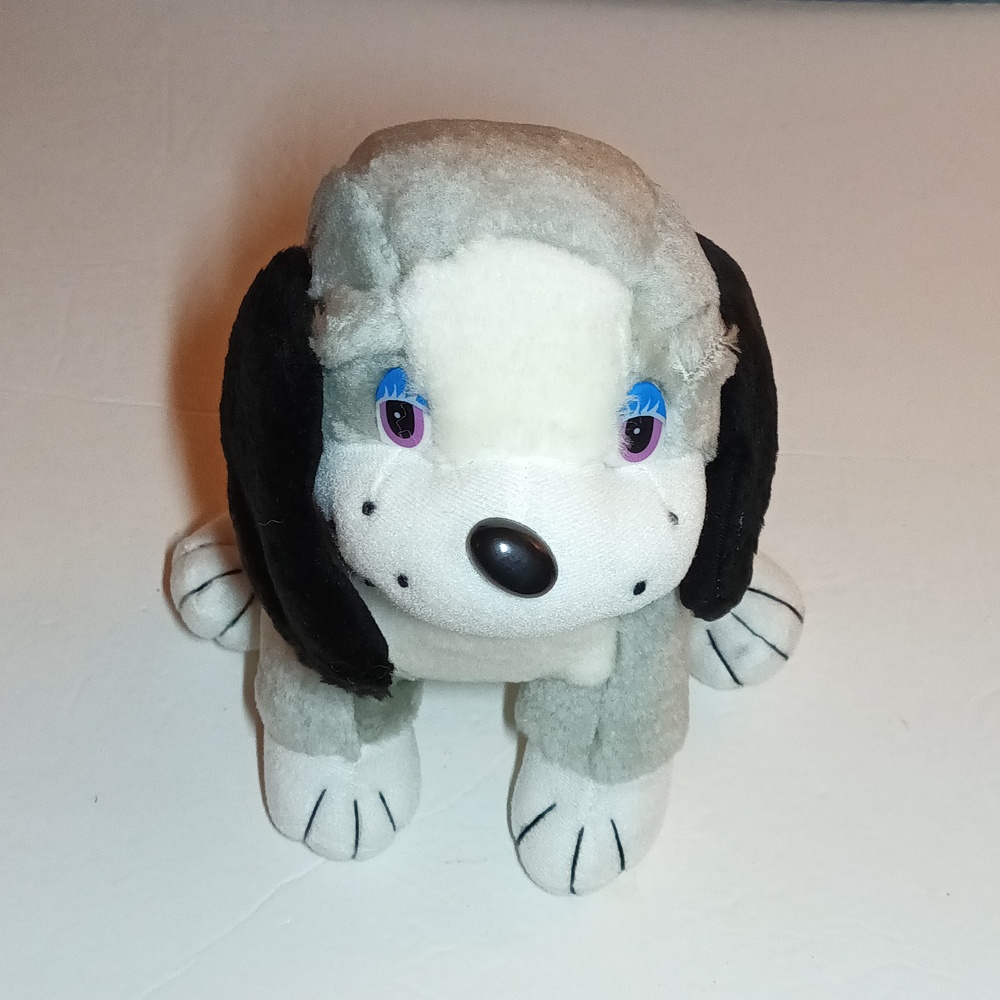 Vintage Plush Gray, Black & White Puppy Dog Stuffed Animal